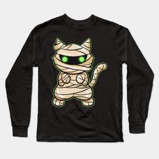 Spooky Mummy Cat with green eyes on Halloween Long Sleeve T-Shirt